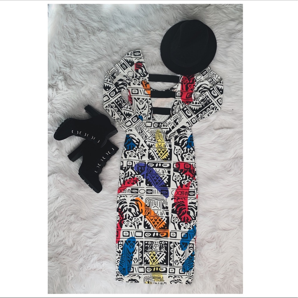 Black/White/Multicolored Graphic Print Midi Dress
